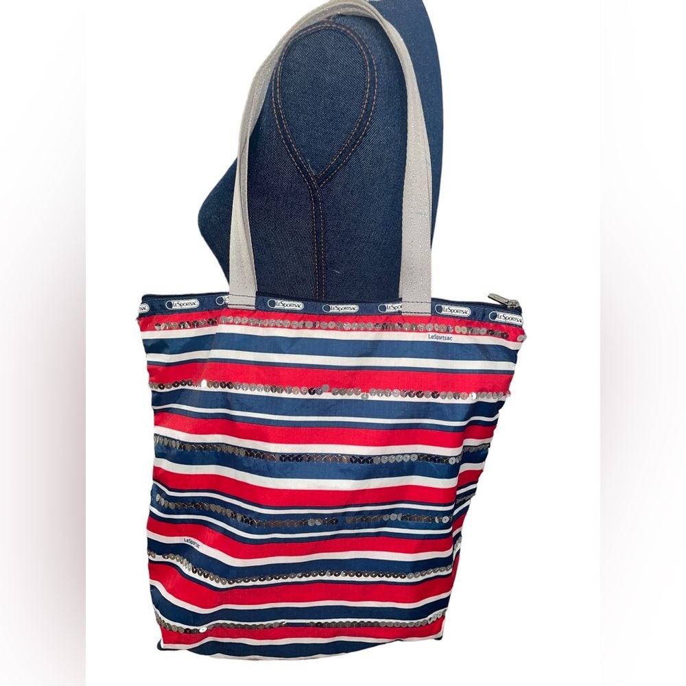 LESPORTSAC Red white and blue with sequins tote. Silver sparky handle.